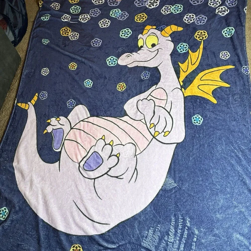 Disney Parks Figment Purple Dragon Print Soft Fleece Throw Blanket 80”x60” Rare